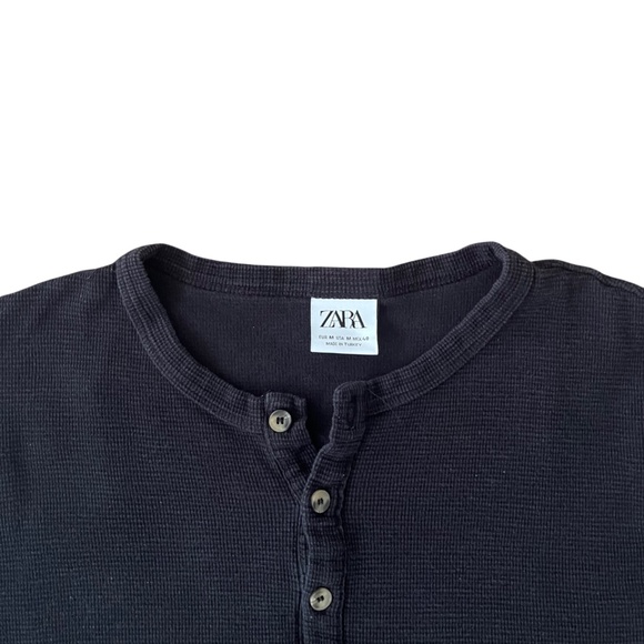 Zara Men's Thermal Henley Shirt Waffle Knit Medium Black Short Sleeve Pullover - Picture 3 of 3